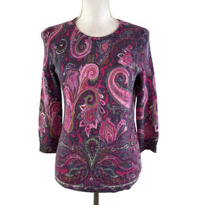 Talbots Pure Cashmere Pullover Sweater size Medium Petite Purple Pink Paisley